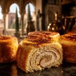 A close-up shot of traditional Spanish Piononos de Santa Fe, showing the rolled syrup-soaked sponge cake layers and a chef using a blowtorch to caramelize the cream crown.