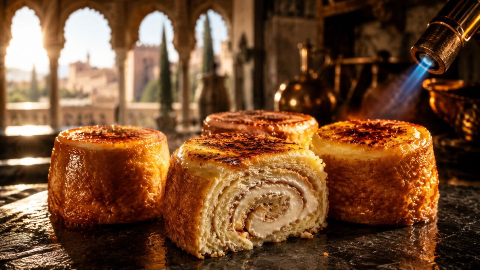 A close-up shot of traditional Spanish Piononos de Santa Fe, showing the rolled syrup-soaked sponge cake layers and a chef using a blowtorch to caramelize the cream crown.