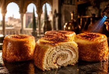 A close-up shot of traditional Spanish Piononos de Santa Fe, showing the rolled syrup-soaked sponge cake layers and a chef using a blowtorch to caramelize the cream crown.