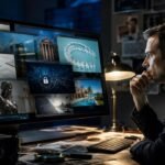 A focused analyst looking at multiple digital screens displaying diverse topics like dental aligners, law, and business, representing the broad content architecture of Brasssmile Com.
