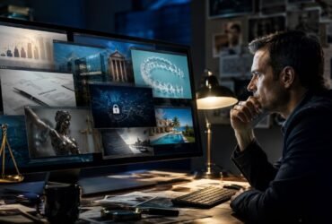 A focused analyst looking at multiple digital screens displaying diverse topics like dental aligners, law, and business, representing the broad content architecture of Brasssmile Com.