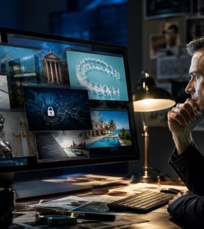 A focused analyst looking at multiple digital screens displaying diverse topics like dental aligners, law, and business, representing the broad content architecture of Brasssmile Com.