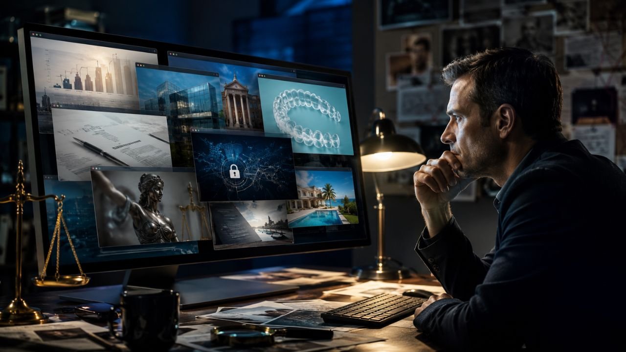 A focused analyst looking at multiple digital screens displaying diverse topics like dental aligners, law, and business, representing the broad content architecture of Brasssmile Com.