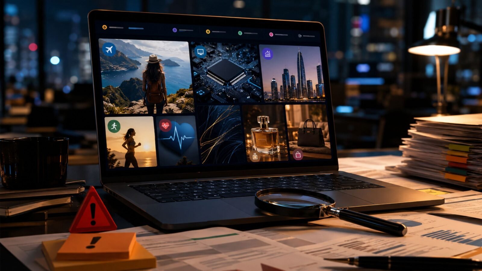 Brumeblog Com, A modern laptop screen displaying a multi-niche digital magazine with various article categories, surrounded by a magnifying glass, warning signs, and research notes on a dark desk.