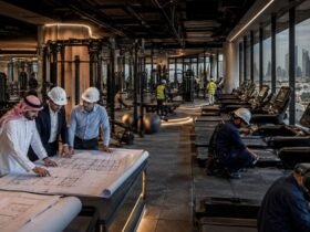 Delta Fitness Authority commercial gym facility under construction in Saudi Arabia with consultants and maintenance engineers