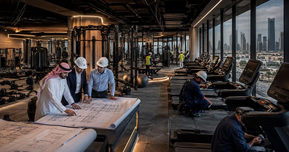 Delta Fitness Authority commercial gym facility under construction in Saudi Arabia with consultants and maintenance engineers