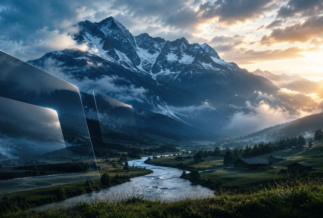 A scenic view of an Austrian Alpine valley with a river, mountains, and digital glass-like panels overlaying the landscape.