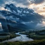 A scenic view of an Austrian Alpine valley with a river, mountains, and digital glass-like panels overlaying the landscape.