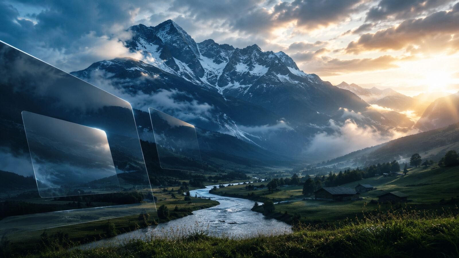 A scenic view of an Austrian Alpine valley with a river, mountains, and digital glass-like panels overlaying the landscape.