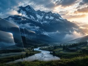 A scenic view of an Austrian Alpine valley with a river, mountains, and digital glass-like panels overlaying the landscape.