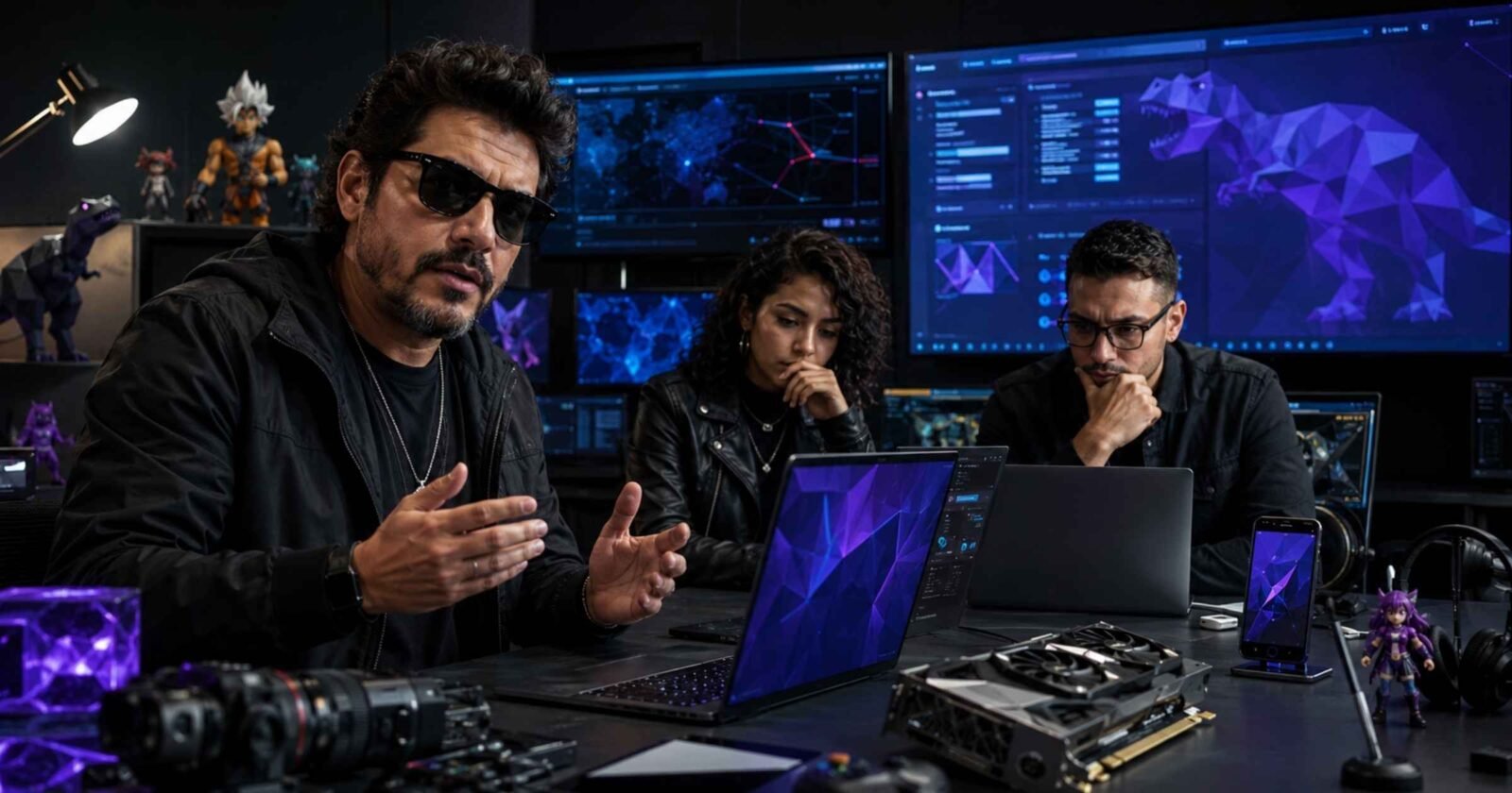A group of tech reviewers and editors collaborating over laptops and PC hardware screens inside the high-tech studio setup of Geekzilla.