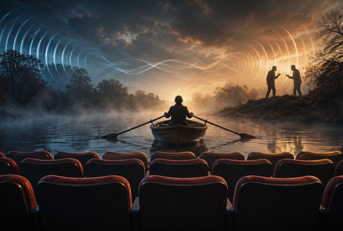A conceptual digital artwork illustrating the multiple meanings of the word "row," featuring a person rowing a boat on a misty river, a row of empty theater seats in the foreground, and two silhouettes having a loud argument.