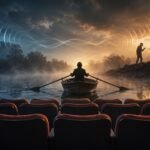 A conceptual digital artwork illustrating the multiple meanings of the word "row," featuring a person rowing a boat on a misty river, a row of empty theater seats in the foreground, and two silhouettes having a loud argument.