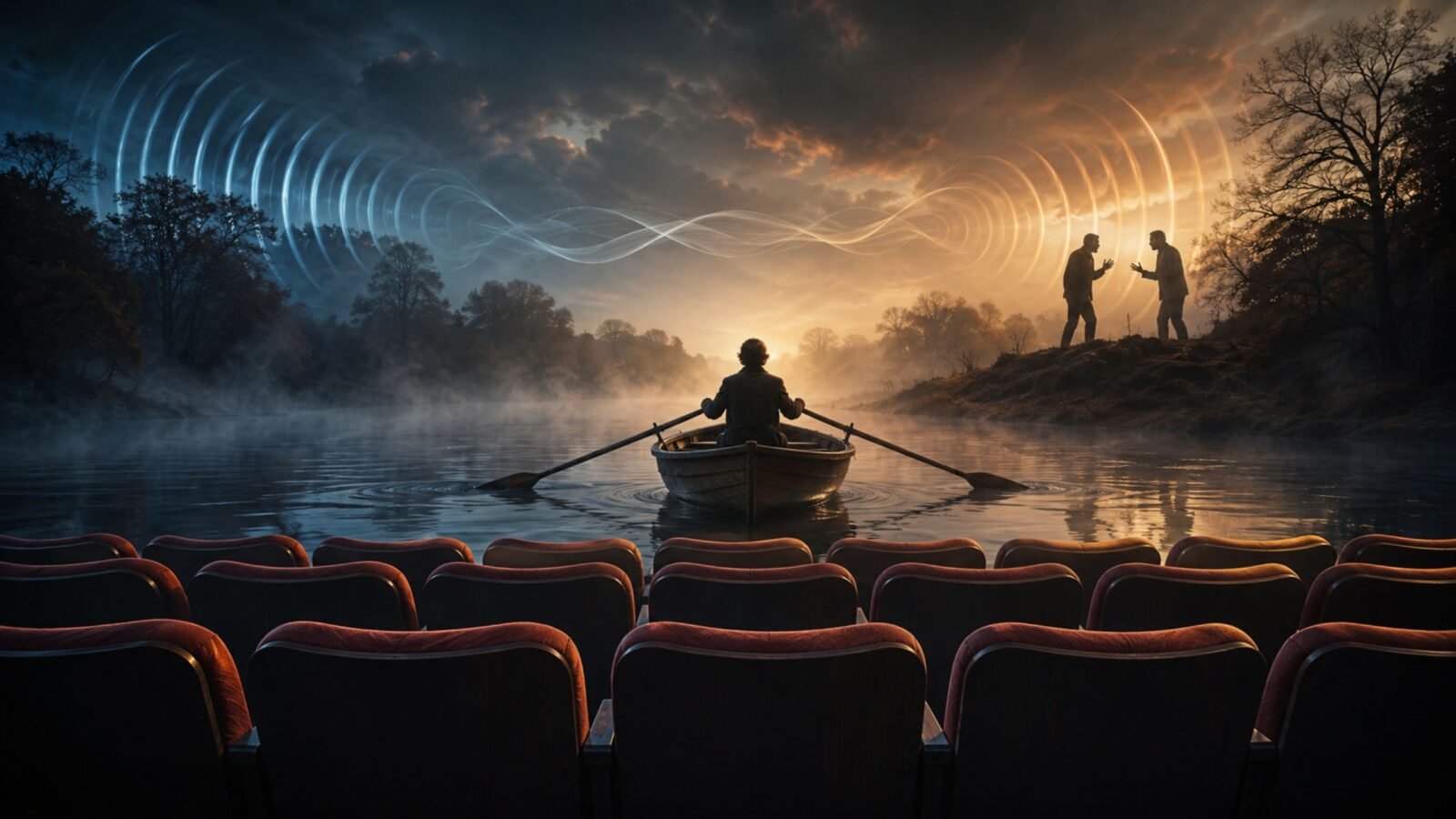 A conceptual digital artwork illustrating the multiple meanings of the word "row," featuring a person rowing a boat on a misty river, a row of empty theater seats in the foreground, and two silhouettes having a loud argument.