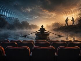 A conceptual digital artwork illustrating the multiple meanings of the word "row," featuring a person rowing a boat on a misty river, a row of empty theater seats in the foreground, and two silhouettes having a loud argument.