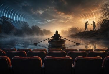A conceptual digital artwork illustrating the multiple meanings of the word "row," featuring a person rowing a boat on a misty river, a row of empty theater seats in the foreground, and two silhouettes having a loud argument.