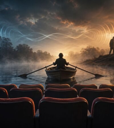 A conceptual digital artwork illustrating the multiple meanings of the word "row," featuring a person rowing a boat on a misty river, a row of empty theater seats in the foreground, and two silhouettes having a loud argument.