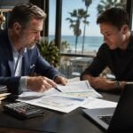 A professional credit repair consultant in a Huntington Beach office reviewing financial documents with a client.