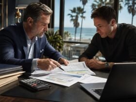 A professional credit repair consultant in a Huntington Beach office reviewing financial documents with a client.