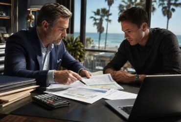 A professional credit repair consultant in a Huntington Beach office reviewing financial documents with a client.