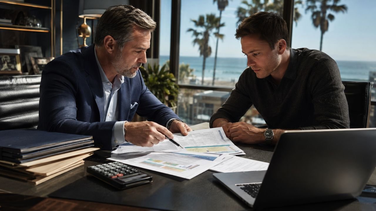A professional credit repair consultant in a Huntington Beach office reviewing financial documents with a client.