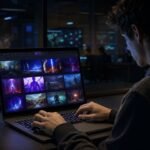 A young gamer in a dark room using a laptop to browse the extensive game library on the Hypackel browser gaming platform.