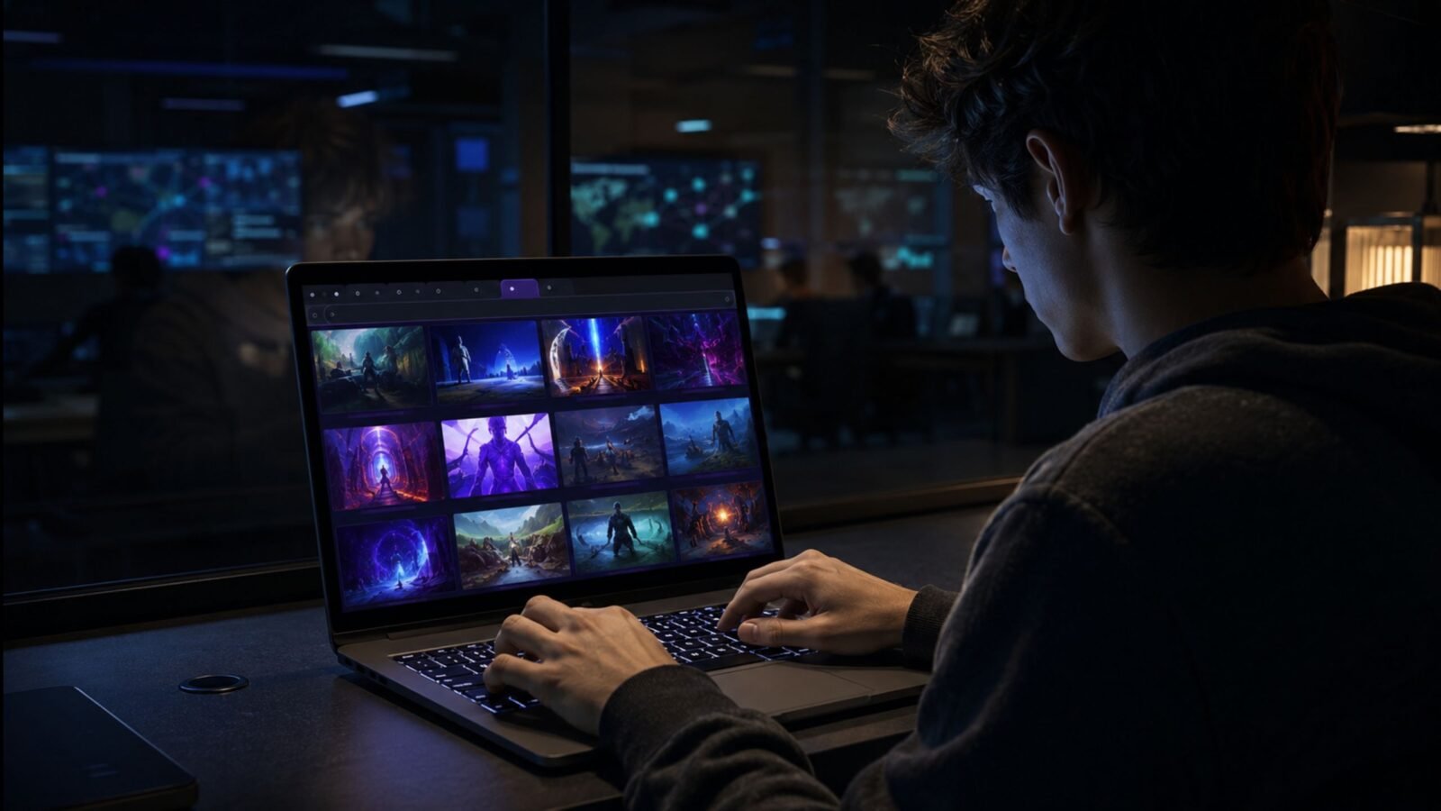 A young gamer in a dark room using a laptop to browse the extensive game library on the Hypackel browser gaming platform.