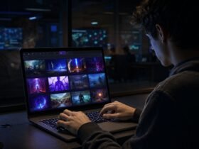 A young gamer in a dark room using a laptop to browse the extensive game library on the Hypackel browser gaming platform.