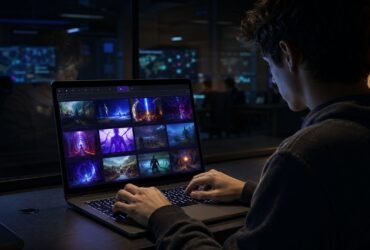 A young gamer in a dark room using a laptop to browse the extensive game library on the Hypackel browser gaming platform.