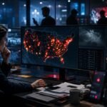 A data analyst working in a dark control room, monitoring a large digital map of the United States displaying glowing red location markers.
