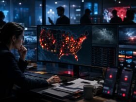A data analyst working in a dark control room, monitoring a large digital map of the United States displaying glowing red location markers.