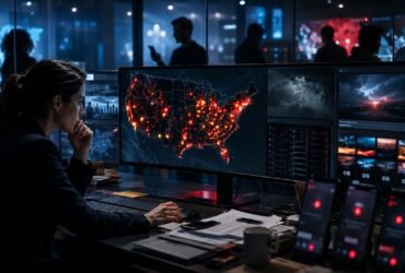 A data analyst working in a dark control room, monitoring a large digital map of the United States displaying glowing red location markers.