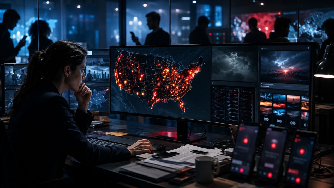 A data analyst working in a dark control room, monitoring a large digital map of the United States displaying glowing red location markers.