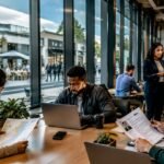 A group of focused individuals in a bright, modern café; one person is reviewing a printed resume while another types on a laptop, actively searching for local part-time jobs.