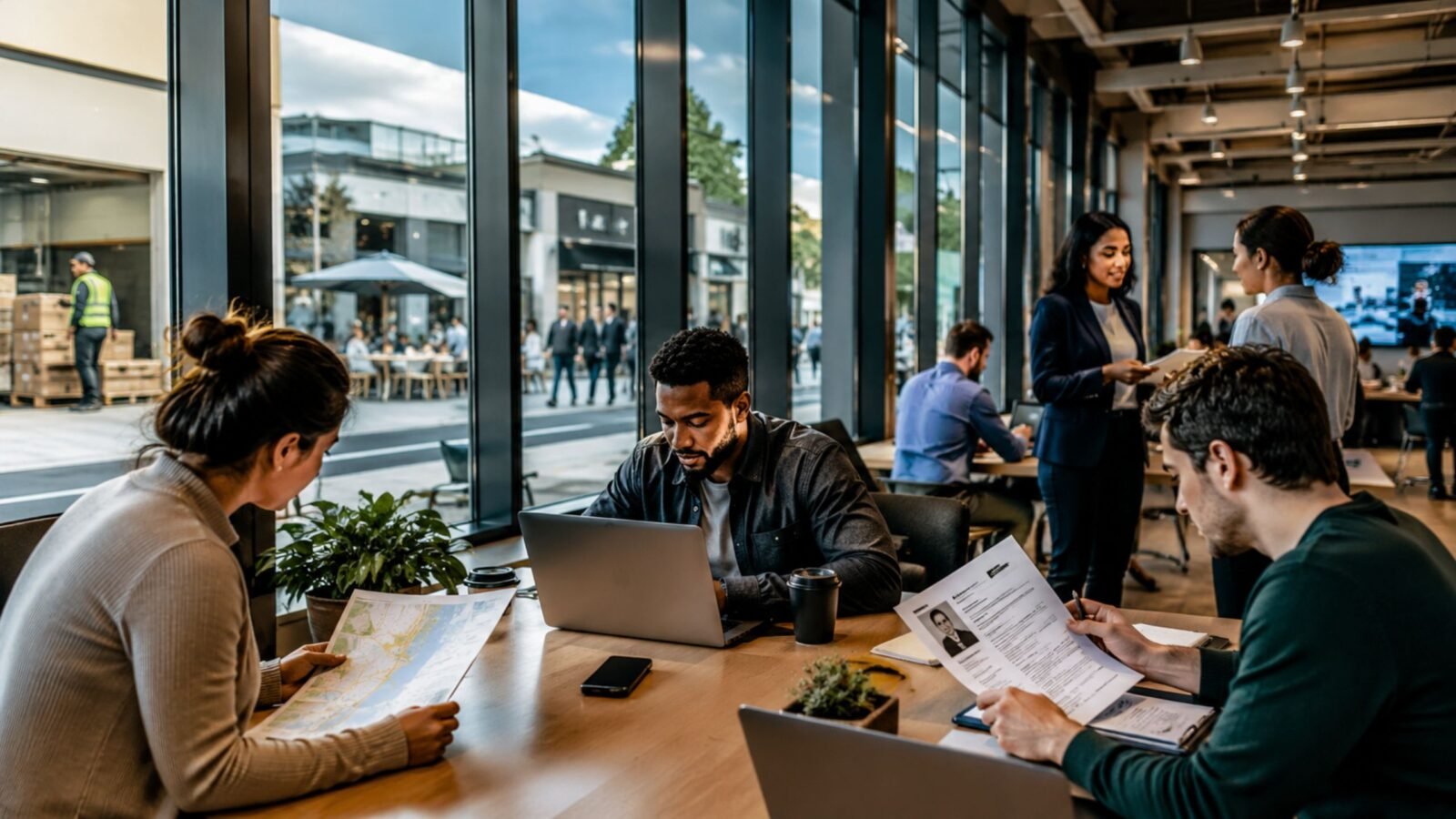 A group of focused individuals in a bright, modern café; one person is reviewing a printed resume while another types on a laptop, actively searching for local part-time jobs.