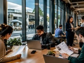 A group of focused individuals in a bright, modern café; one person is reviewing a printed resume while another types on a laptop, actively searching for local part-time jobs.