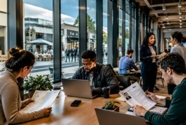 A group of focused individuals in a bright, modern café; one person is reviewing a printed resume while another types on a laptop, actively searching for local part-time jobs.