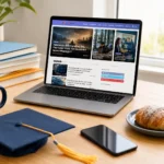A modern laptop displaying the MTO News website homepage, sitting on a wooden desk alongside books, a graduation cap, a smartphone, a cup of coffee, and a fresh croissant.