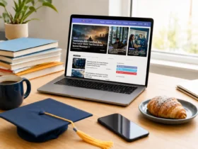 A modern laptop displaying the MTO News website homepage, sitting on a wooden desk alongside books, a graduation cap, a smartphone, a cup of coffee, and a fresh croissant.