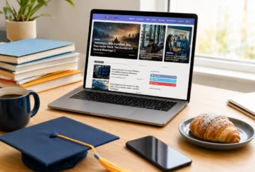 A modern laptop displaying the MTO News website homepage, sitting on a wooden desk alongside books, a graduation cap, a smartphone, a cup of coffee, and a fresh croissant.