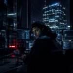 Ponas Robotas, A young male hacker wearing a black hoodie sitting in a dark room surrounded by glowing computer monitors displaying code, with a night city skyline in the background.