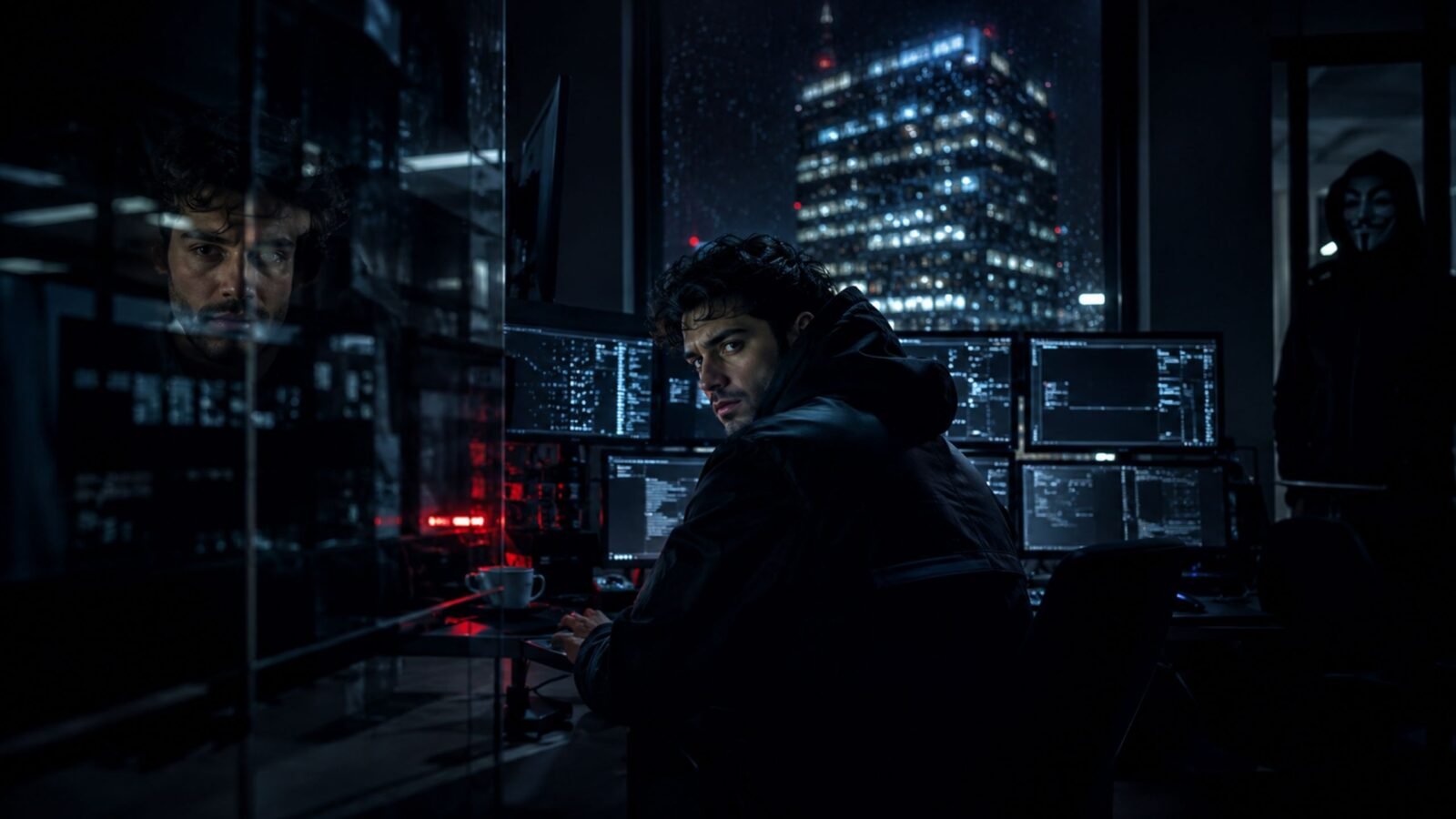 Ponas Robotas, A young male hacker wearing a black hoodie sitting in a dark room surrounded by glowing computer monitors displaying code, with a night city skyline in the background.
