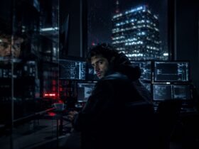 Ponas Robotas, A young male hacker wearing a black hoodie sitting in a dark room surrounded by glowing computer monitors displaying code, with a night city skyline in the background.