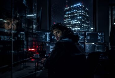 Ponas Robotas, A young male hacker wearing a black hoodie sitting in a dark room surrounded by glowing computer monitors displaying code, with a night city skyline in the background.