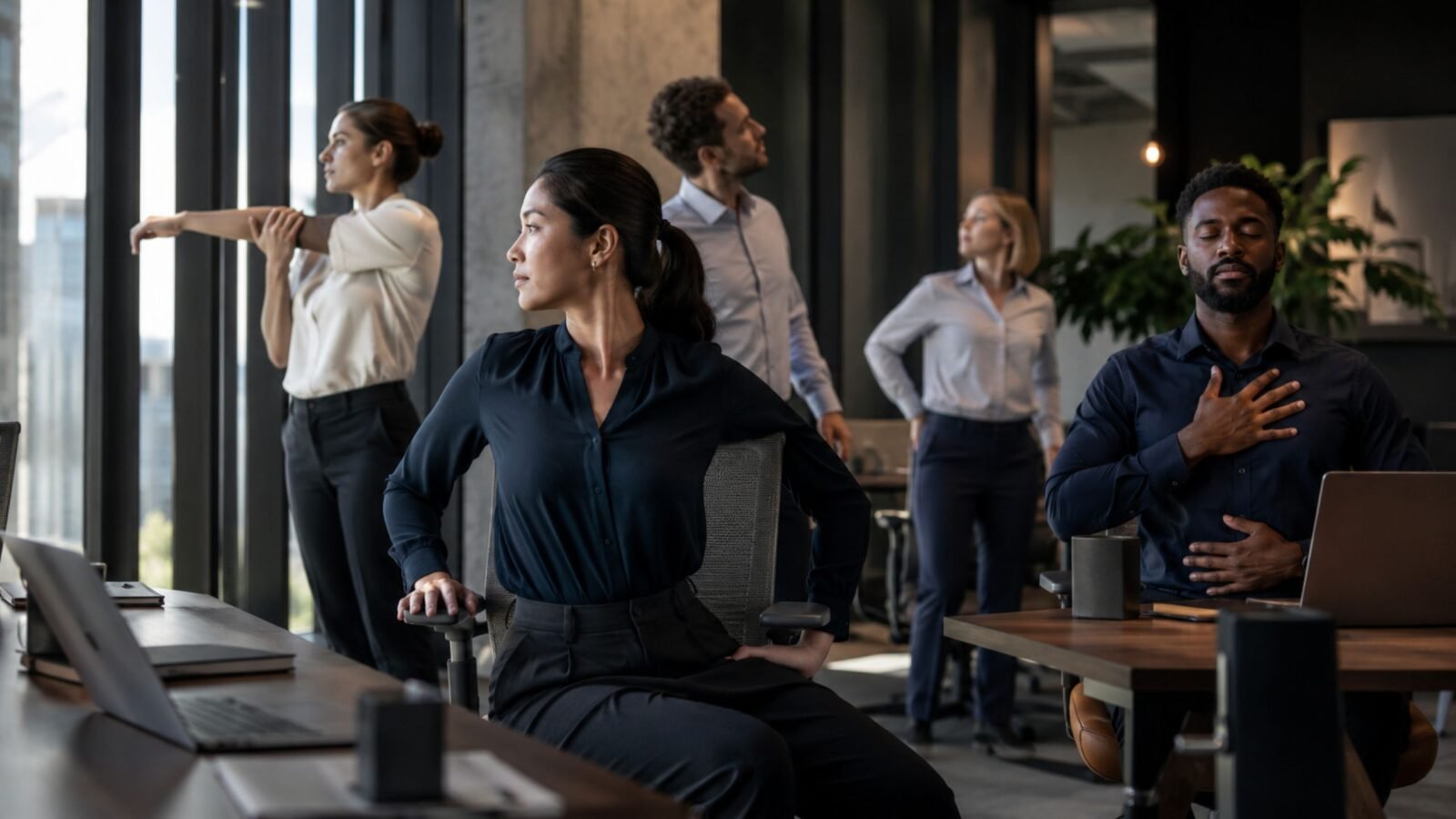 Práctica de Yoga Estilismo Laboral, Diverse professionals practicing mindful breathing and gentle desk yoga in a modern corporate office setting.