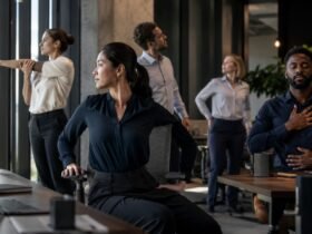 Práctica de Yoga Estilismo Laboral, Diverse professionals practicing mindful breathing and gentle desk yoga in a modern corporate office setting.
