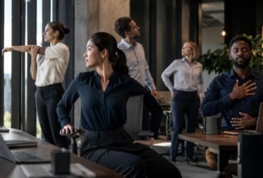 Práctica de Yoga Estilismo Laboral, Diverse professionals practicing mindful breathing and gentle desk yoga in a modern corporate office setting.