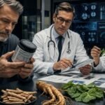 A concerned man reading a dietary supplement label while a male doctor and a female researcher analyze medical charts and botanical ingredients in a high-tech laboratory.