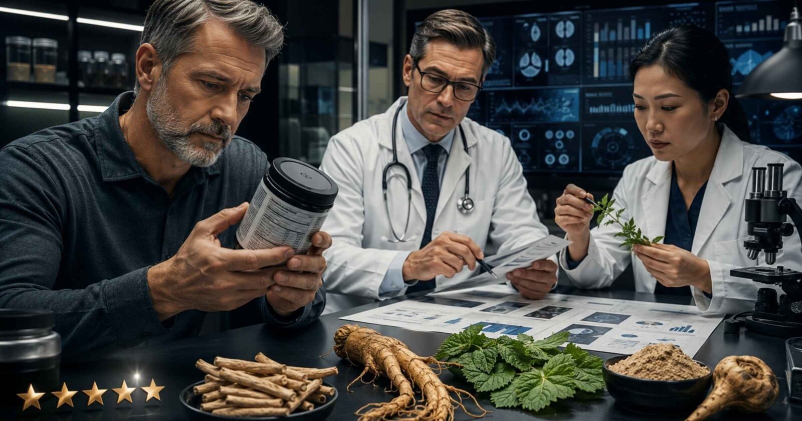 A concerned man reading a dietary supplement label while a male doctor and a female researcher analyze medical charts and botanical ingredients in a high-tech laboratory.