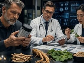 A concerned man reading a dietary supplement label while a male doctor and a female researcher analyze medical charts and botanical ingredients in a high-tech laboratory.